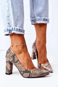 Hot Boto Skórzane Czółenka Ze Zwierzęcym Wzorem Lewski Shoes 2453 Czarno-Beżowe