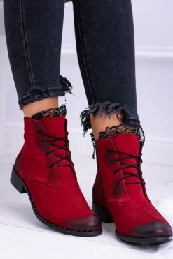 Botki Sznurowane|Botki Zimowe Damskie>Boto Skórzane Czerwone Damskie Botki Z Koronką Millano