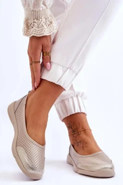 Outlet Skórzane Damskie Ażurowe Baleriny Beżowe Lucy Damskie Baleriny Skórzane|Baleriny Klasyczne