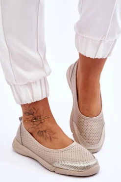 Outlet Skórzane Damskie Ażurowe Baleriny Beżowe Lucy Damskie Baleriny Skórzane|Baleriny Klasyczne