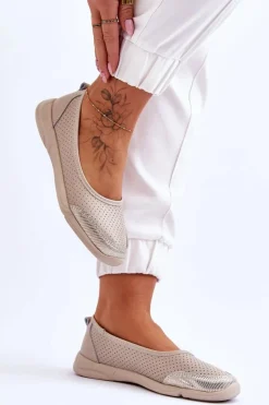 Outlet Skórzane Damskie Ażurowe Baleriny Beżowe Lucy Damskie Baleriny Skórzane|Baleriny Klasyczne