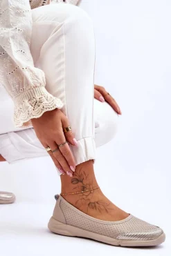 Outlet Skórzane Damskie Ażurowe Baleriny Beżowe Lucy Damskie Baleriny Skórzane|Baleriny Klasyczne