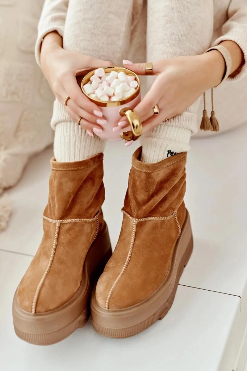 Sale Zazoo Skórzane Damskie Botki Na Masywnej Podeszwie Camel 3424 Brązowy