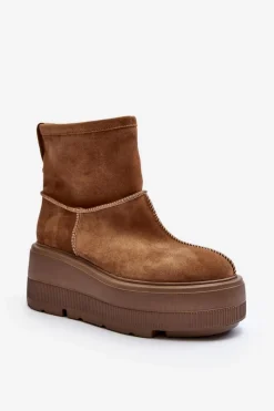 Sale Zazoo Skórzane Damskie Botki Na Masywnej Podeszwie Camel 3424 Brązowy