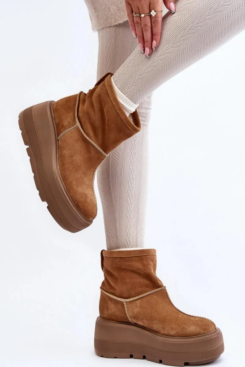 Sale Zazoo Skórzane Damskie Botki Na Masywnej Podeszwie Camel 3424 Brązowy