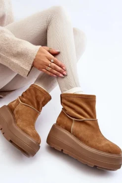 Sale Zazoo Skórzane Damskie Botki Na Masywnej Podeszwie Camel 3424 Brązowy