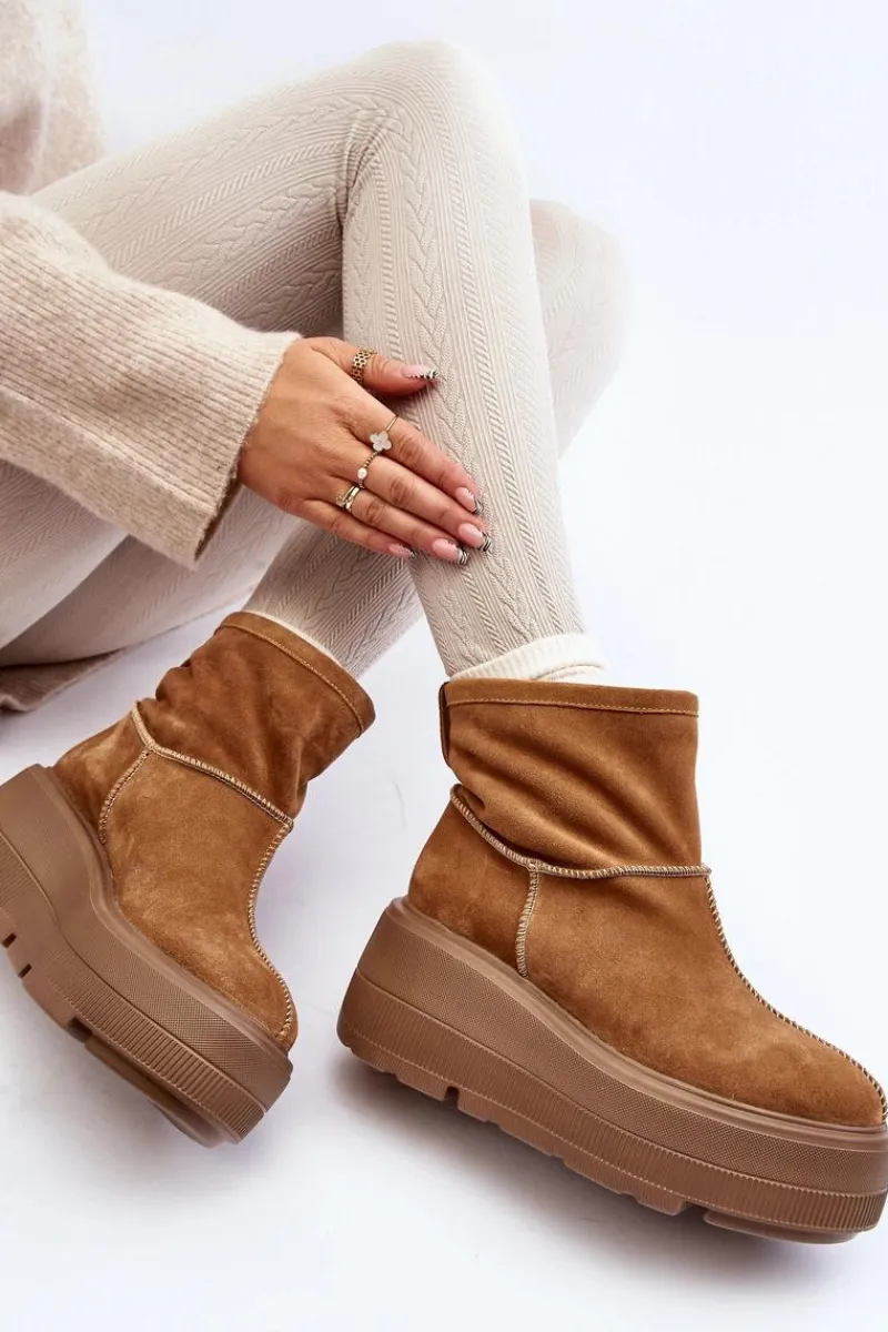 Sale Zazoo Skórzane Damskie Botki Na Masywnej Podeszwie Camel 3424 Brązowy