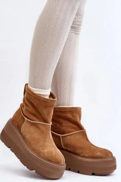 Sale Zazoo Skórzane Damskie Botki Na Masywnej Podeszwie Camel 3424 Brązowy