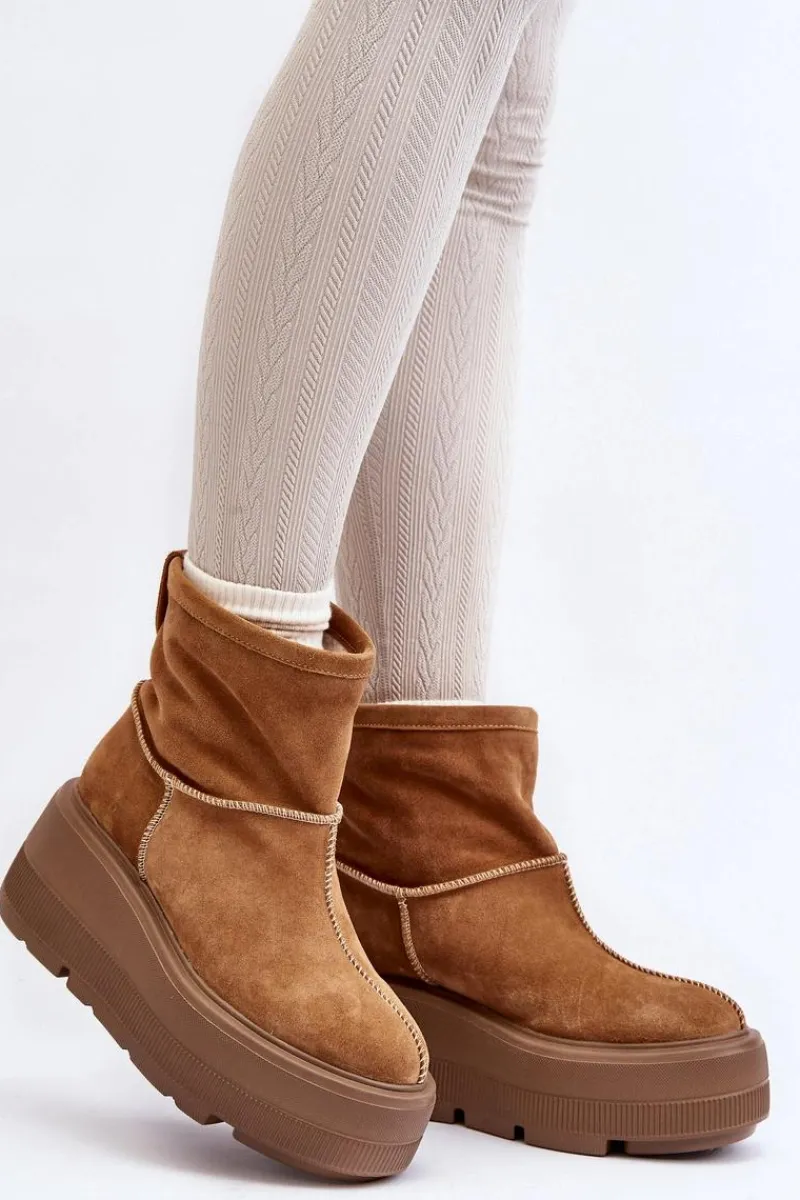 Sale Zazoo Skórzane Damskie Botki Na Masywnej Podeszwie Camel 3424 Brązowy