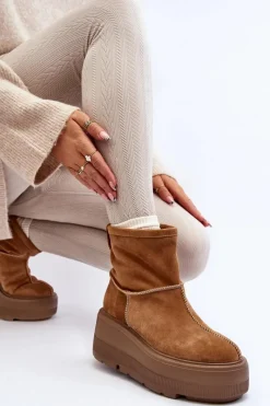 Sale Zazoo Skórzane Damskie Botki Na Masywnej Podeszwie Camel 3424 Brązowy