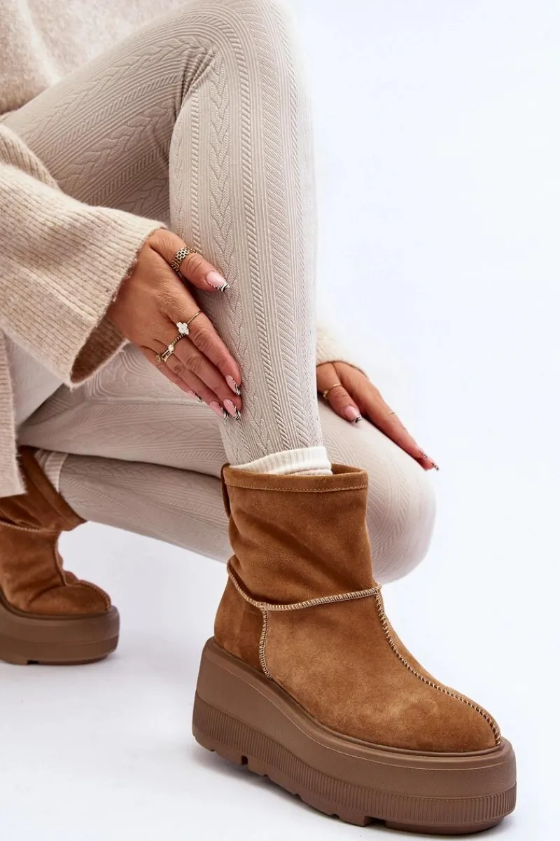 Sale Zazoo Skórzane Damskie Botki Na Masywnej Podeszwie Camel 3424 Brązowy