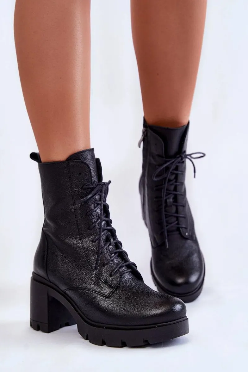 New Boto Skórzane Damskie Botki Na Obcasie Czarne Lemar Rea