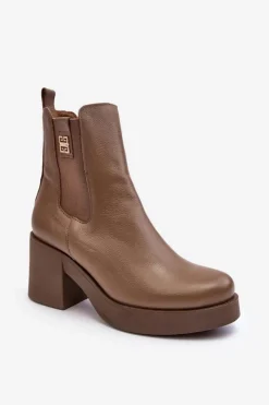 Discount Boto Skórzane Damskie Botki Na Obcasie Lemar Brązowe Kodra