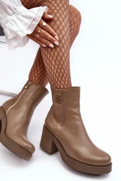 Discount Boto Skórzane Damskie Botki Na Obcasie Lemar Brązowe Kodra