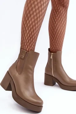 Discount Boto Skórzane Damskie Botki Na Obcasie Lemar Brązowe Kodra