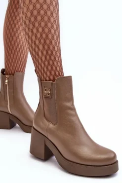 Discount Boto Skórzane Damskie Botki Na Obcasie Lemar Brązowe Kodra