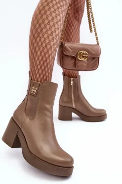 Discount Boto Skórzane Damskie Botki Na Obcasie Lemar Brązowe Kodra