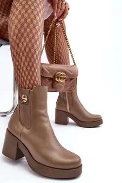 Discount Boto Skórzane Damskie Botki Na Obcasie Lemar Brązowe Kodra