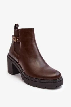 Clearance Skórzane Damskie Botki Na Masywnym Słupku Brązowe Belinda Damskie Botki Wiosenne|Botki Na Słupku