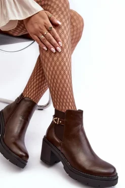 Clearance Skórzane Damskie Botki Na Masywnym Słupku Brązowe Belinda Damskie Botki Wiosenne|Botki Na Słupku