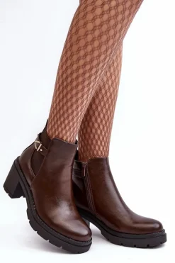 Clearance Skórzane Damskie Botki Na Masywnym Słupku Brązowe Belinda Damskie Botki Wiosenne|Botki Na Słupku