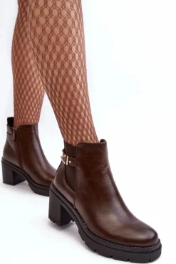 Clearance Skórzane Damskie Botki Na Masywnym Słupku Brązowe Belinda Damskie Botki Wiosenne|Botki Na Słupku