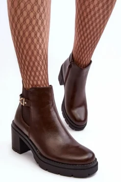 Clearance Skórzane Damskie Botki Na Masywnym Słupku Brązowe Belinda Damskie Botki Wiosenne|Botki Na Słupku