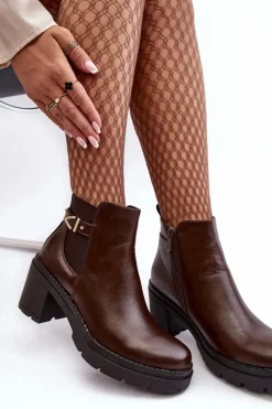 Clearance Skórzane Damskie Botki Na Masywnym Słupku Brązowe Belinda Damskie Botki Wiosenne|Botki Na Słupku