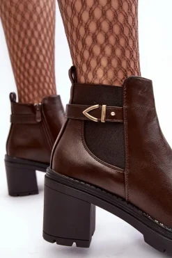 Clearance Skórzane Damskie Botki Na Masywnym Słupku Brązowe Belinda Damskie Botki Wiosenne|Botki Na Słupku