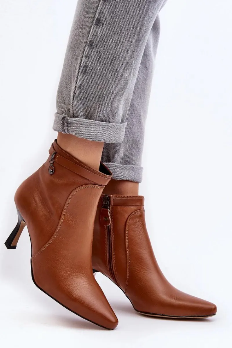 Outlet Skórzane Damskie Botki Na Szpilce 06301-29 Brązowe Damskie Botki Wiosenne|Botki Maciejka