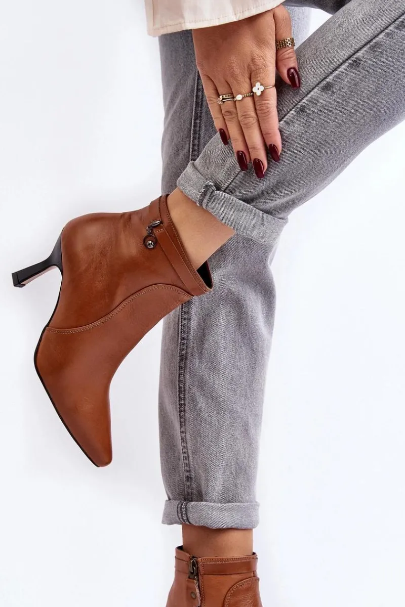 Outlet Skórzane Damskie Botki Na Szpilce 06301-29 Brązowe Damskie Botki Wiosenne|Botki Maciejka