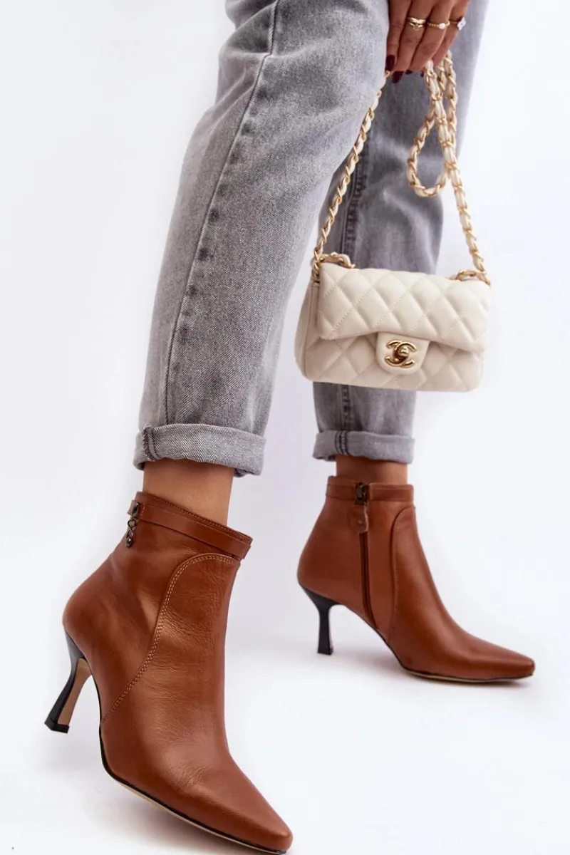 Outlet Skórzane Damskie Botki Na Szpilce 06301-29 Brązowe Damskie Botki Wiosenne|Botki Maciejka