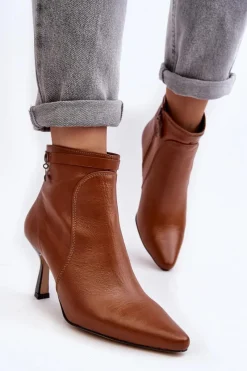 Outlet Skórzane Damskie Botki Na Szpilce 06301-29 Brązowe Damskie Botki Wiosenne|Botki Maciejka