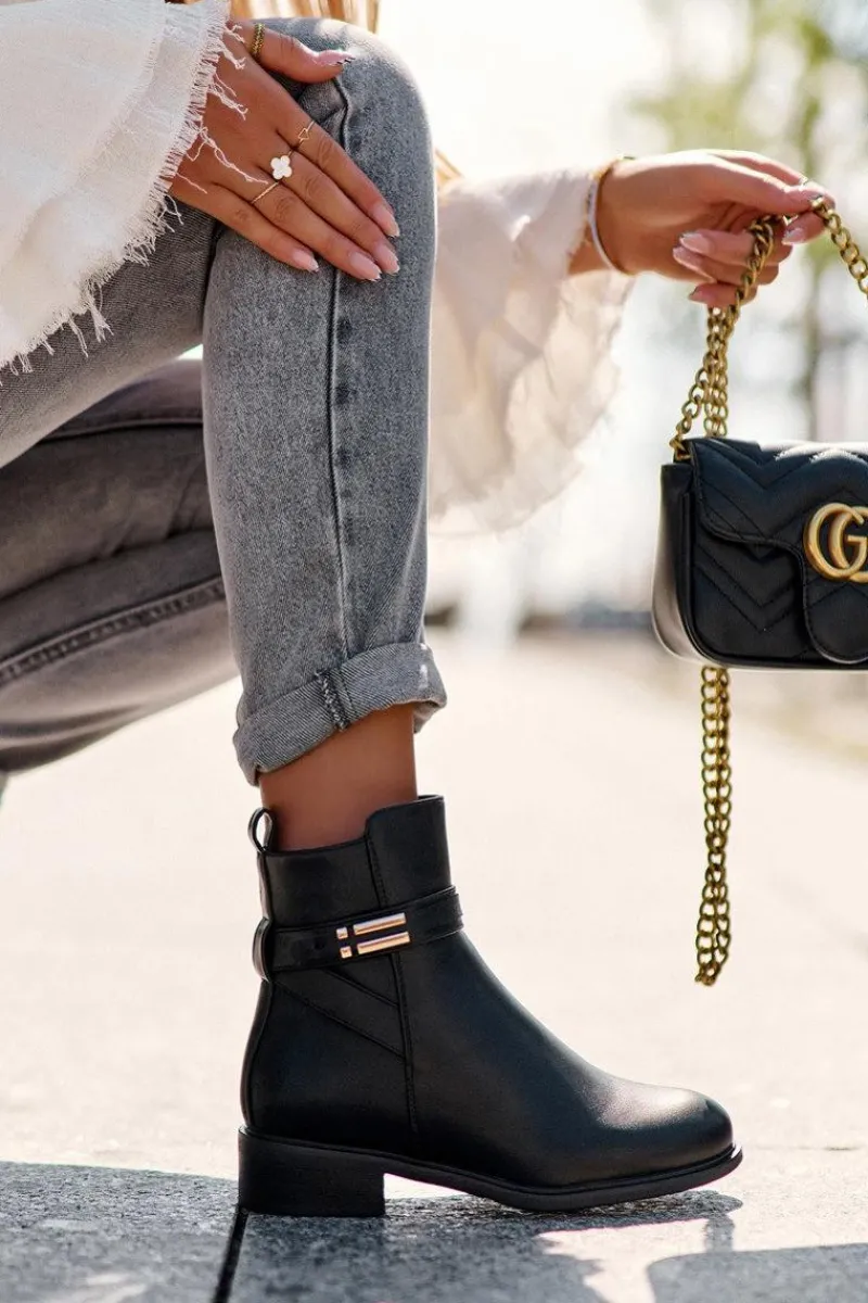 Outlet Skórzane Damskie Botki Na Płaskim Obcasie Czarne Lucadi Damskie Czarne Botki|Botki Płaskie