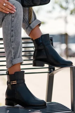 Outlet Skórzane Damskie Botki Na Płaskim Obcasie Czarne Lucadi Damskie Czarne Botki|Botki Płaskie