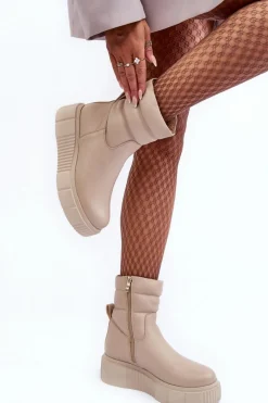 Skórzane Damskie Botki Na Platformie Jasnobeżowe Lemar Suam Damskie Botki Skórzane|Botki Na Koturnie