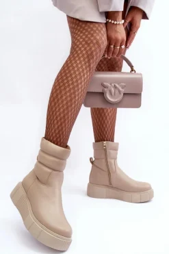 Skórzane Damskie Botki Na Platformie Jasnobeżowe Lemar Suam Damskie Botki Skórzane|Botki Na Koturnie