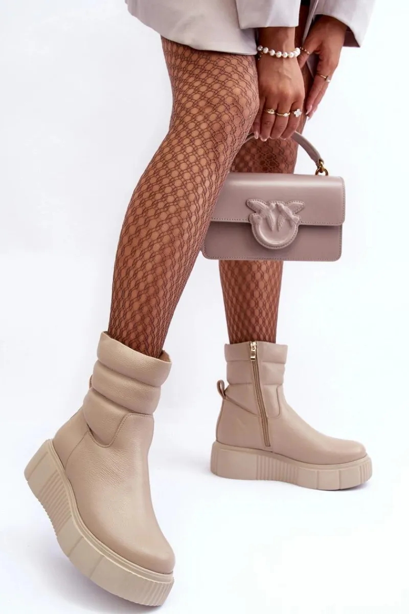 Skórzane Damskie Botki Na Platformie Jasnobeżowe Lemar Suam Damskie Botki Skórzane|Botki Na Koturnie