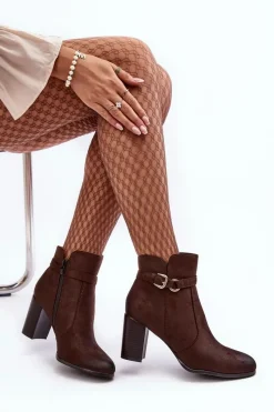 Best Skórzane Damskie Botki Na Słupku Z Klamrą Brązowe Lasima Damskie Botki Zimowe Damskie|Brązowe I Beżowe Botki