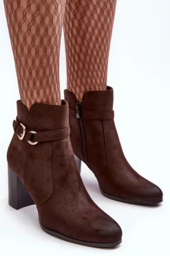 Best Skórzane Damskie Botki Na Słupku Z Klamrą Brązowe Lasima Damskie Botki Zimowe Damskie|Brązowe I Beżowe Botki