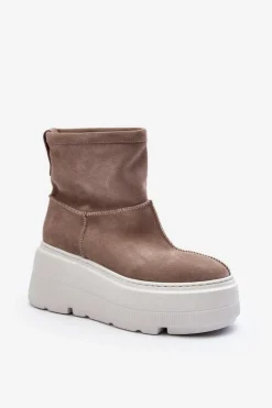 Botki Ocieplane|Botki Skórzane>Zazoo Skórzane Damskie Botki Na Masywnej Podeszwie Beżowe 3424 Beżowy