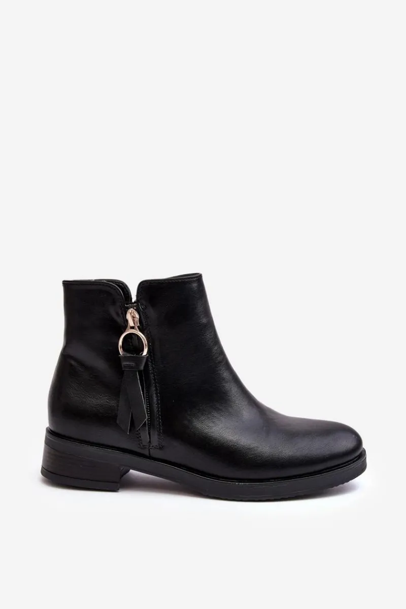 Discount Evento Skórzane Damskie Botki Płaskie Czarne Vasica Czarny