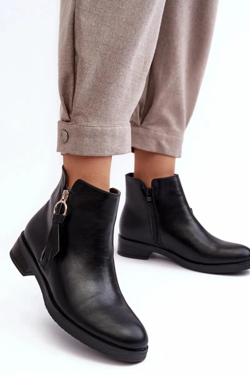 Discount Evento Skórzane Damskie Botki Płaskie Czarne Vasica Czarny