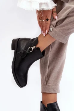 Discount Evento Skórzane Damskie Botki Płaskie Czarne Vasica Czarny