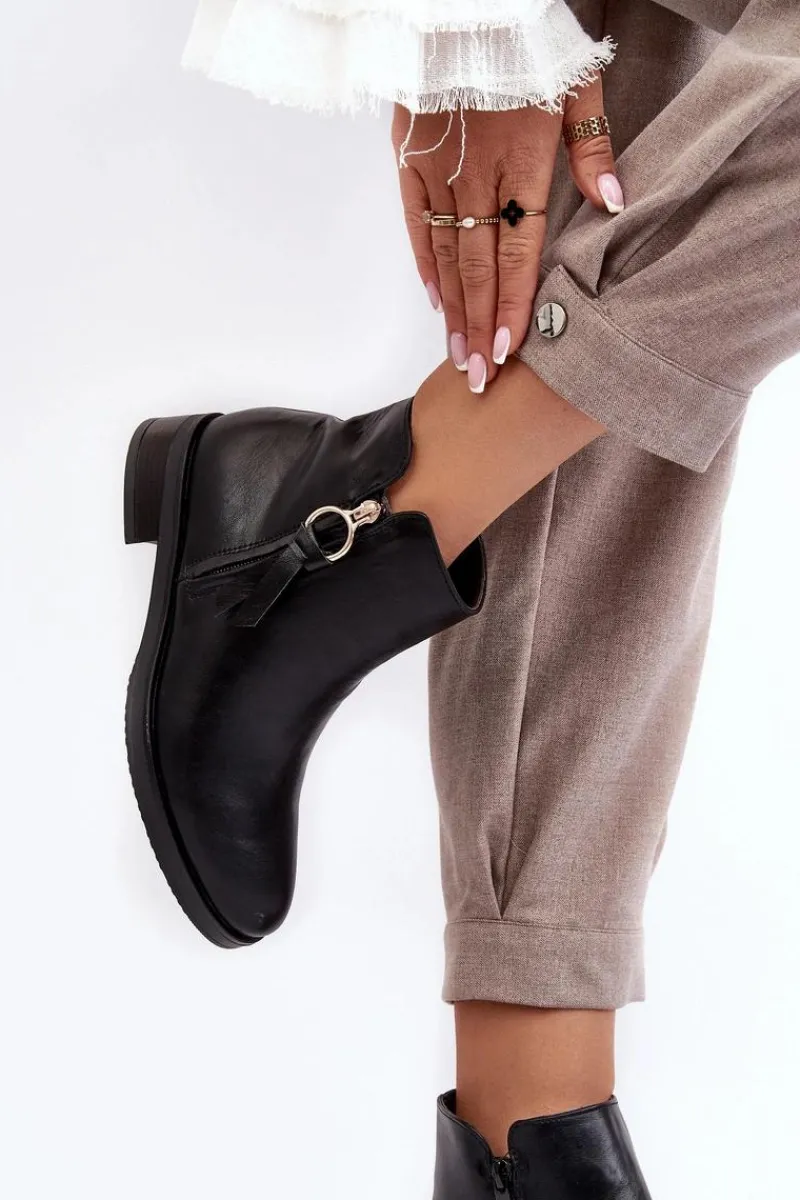 Discount Evento Skórzane Damskie Botki Płaskie Czarne Vasica Czarny