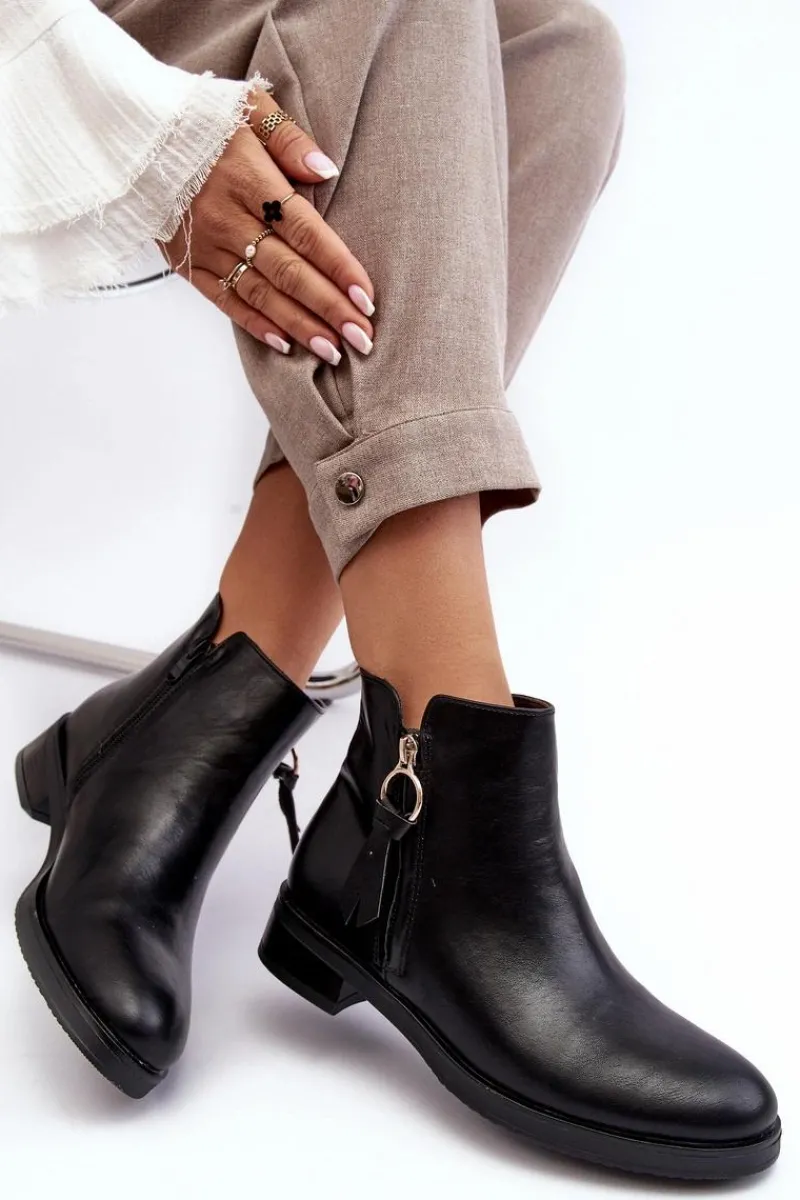 Discount Evento Skórzane Damskie Botki Płaskie Czarne Vasica Czarny