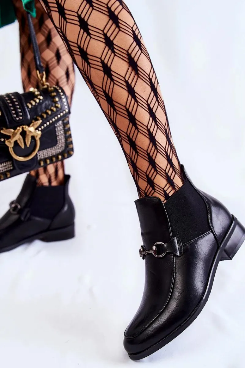 Clearance Skórzane Damskie Botki Płaskie Czarne Elin Damskie Czarne Botki|Botki Płaskie