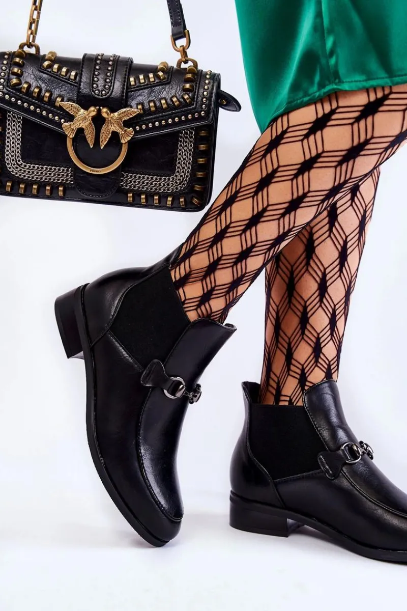 Clearance Skórzane Damskie Botki Płaskie Czarne Elin Damskie Czarne Botki|Botki Płaskie