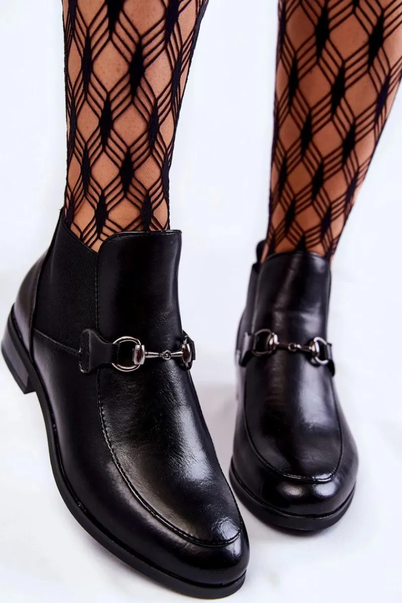 Clearance Skórzane Damskie Botki Płaskie Czarne Elin Damskie Czarne Botki|Botki Płaskie