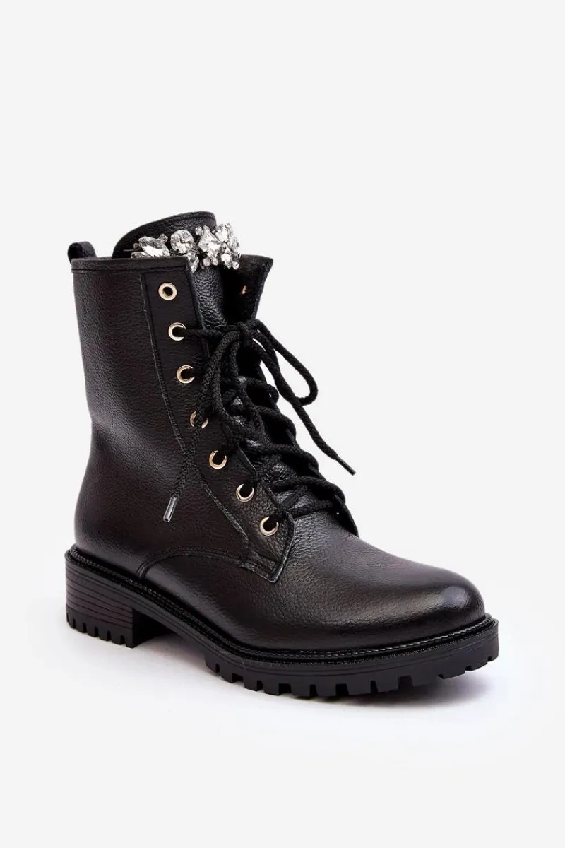 Botki Ocieplane|Botki Skórzane>Zazoo Skórzane Damskie Botki Workery Z Ozdobą 1757 Czarne